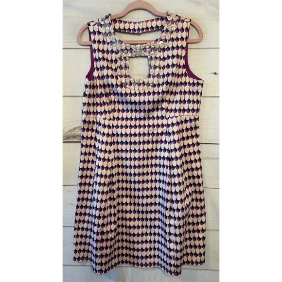 Nanette Lepore Dresses & Skirts - Nanette Lepore Beaded Keyhole Dress Purple White Geometric Print Sleeveless 12